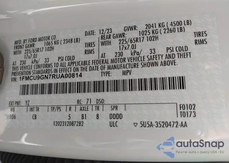 2024 Ford Escape Active from USA, damaged, VIN 1FMCU9GN7RUA00814